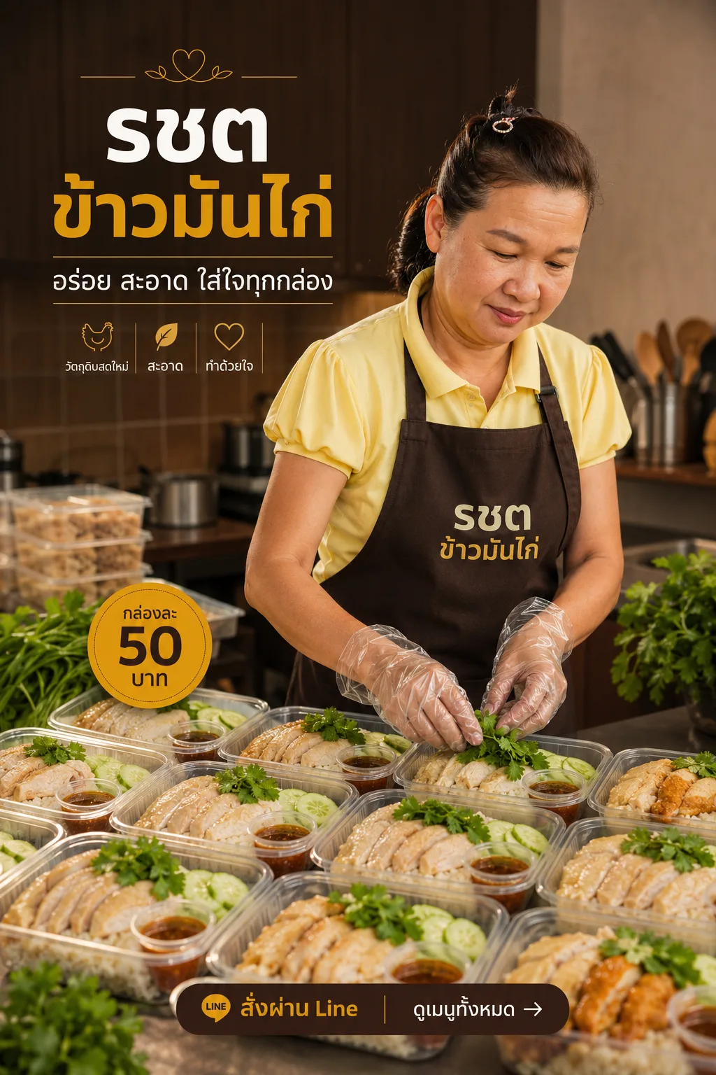 รชต ข้าวมันไก่ — อร่อย สะอาด ใส่ใจทุกกล่อง กล่องละ 50 บาท